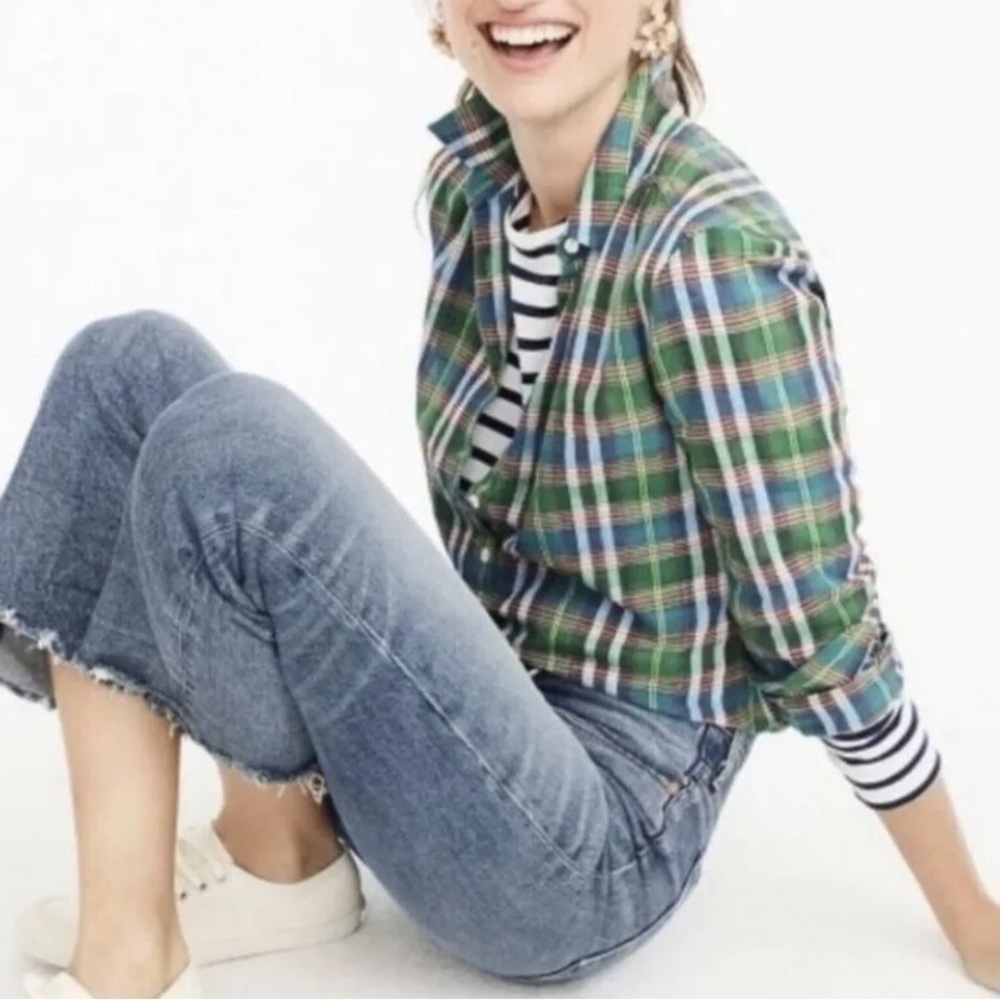 NWOT J.Crew Women's SZ 0P Long Sleeve Gathered Popover Shirt in Vintage Plaid